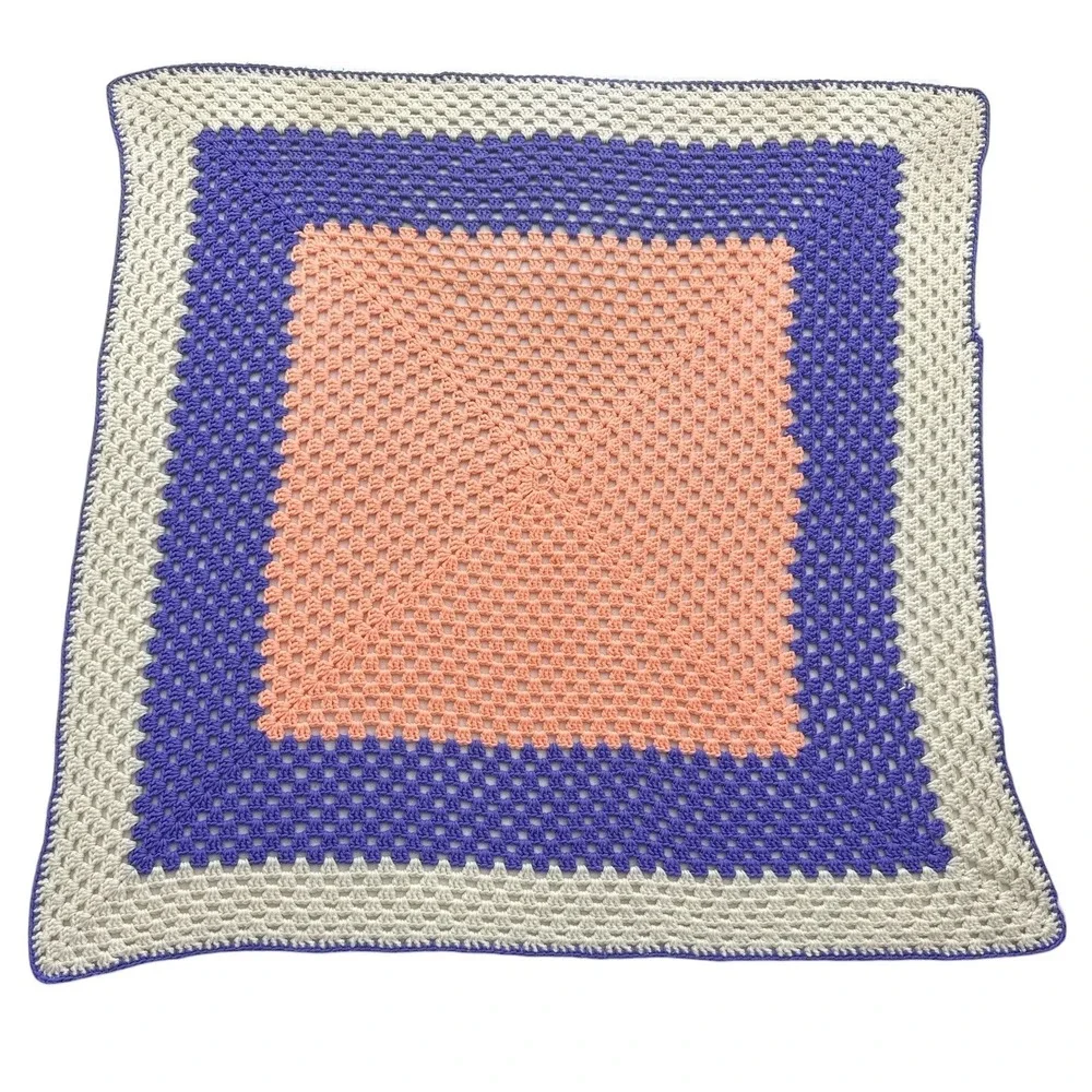Handmade Crochet Granny Square Blanket Peach Purple Cream Colorblock Throw 45x43